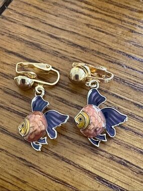 Gold-Tone Pink and Navy Enamel Fish Clip-On Earrings